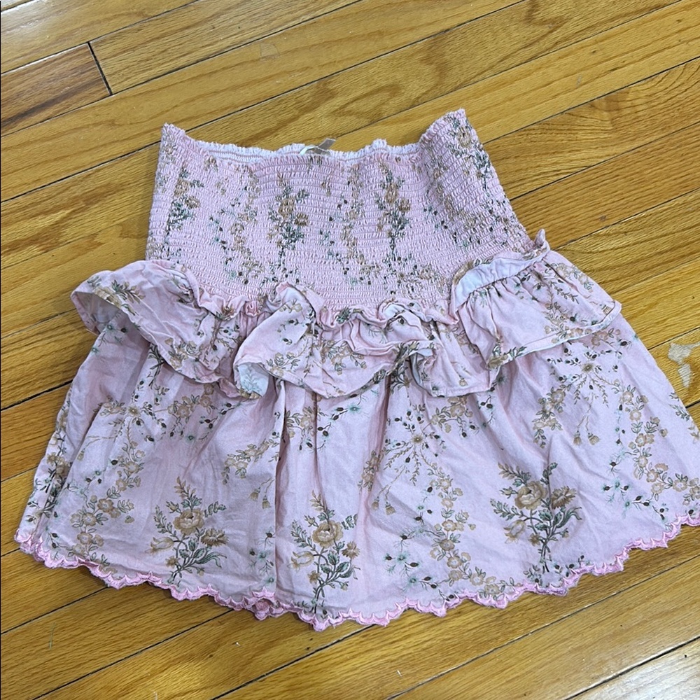 LoveShackFancy Pink Bubble Mini Skirt with Ruffled Smocked Design